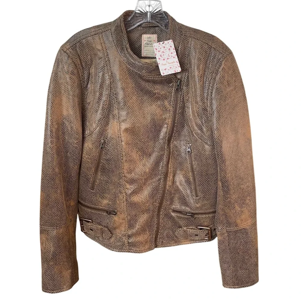 Free‎ People We The Free Snake Print Vegan Leather Moto Jacket Brown L NWT - Picture 2 of 15